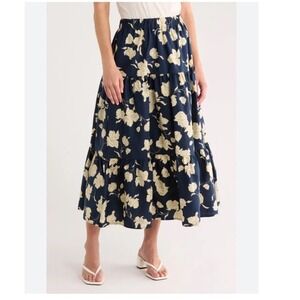 Sanctuary Floral Midi Skirt Medium Navy Cream Tiered Boho Elastic Waist Lined